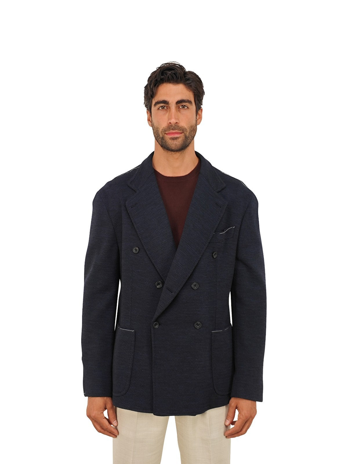 $1630 RUBINACCI NAPOLI Blue Double Breasted Jacket Knit Wool Stretch 44 US 54 EU