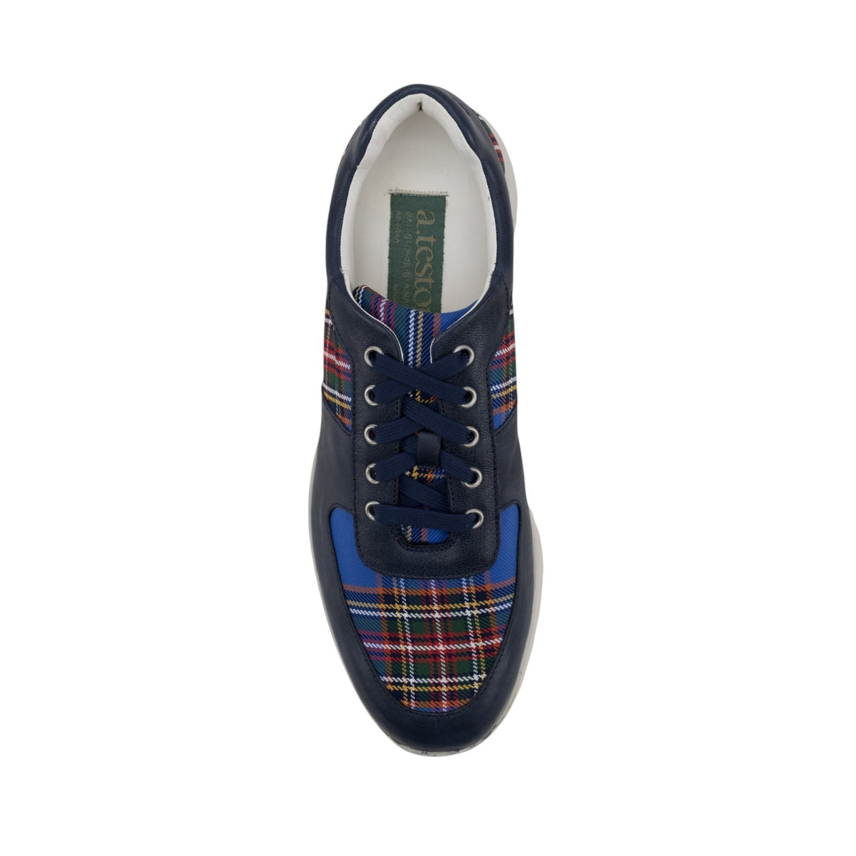 850$ TESTONI Sneaker Eco Tartan + Washed Lamb Bluette Navy 8 UK  / 9 US / 42 IT