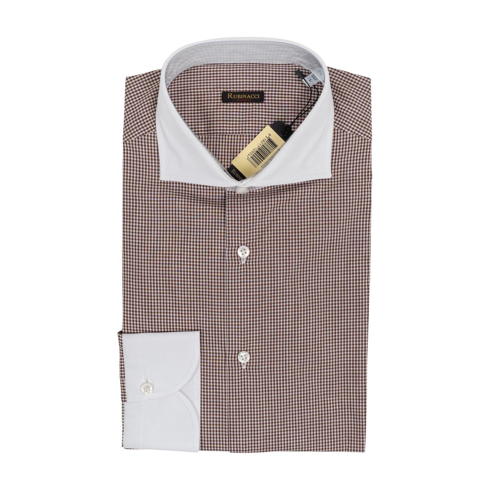 670$ RUBINACCI NAPOLI "Wall Street" White / Brown Hand-Sewn Dress Shirt Cotton