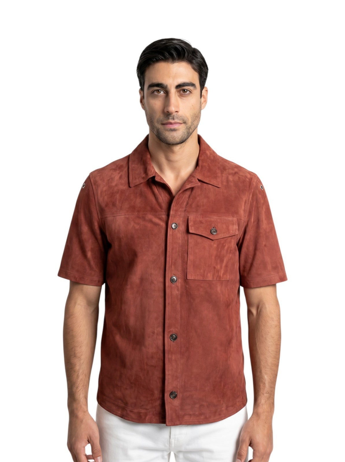 $4450 ISAIA Rust Jacket Shirt Short Sleeve Suede Lambskin Leather 42 US / 52 EU