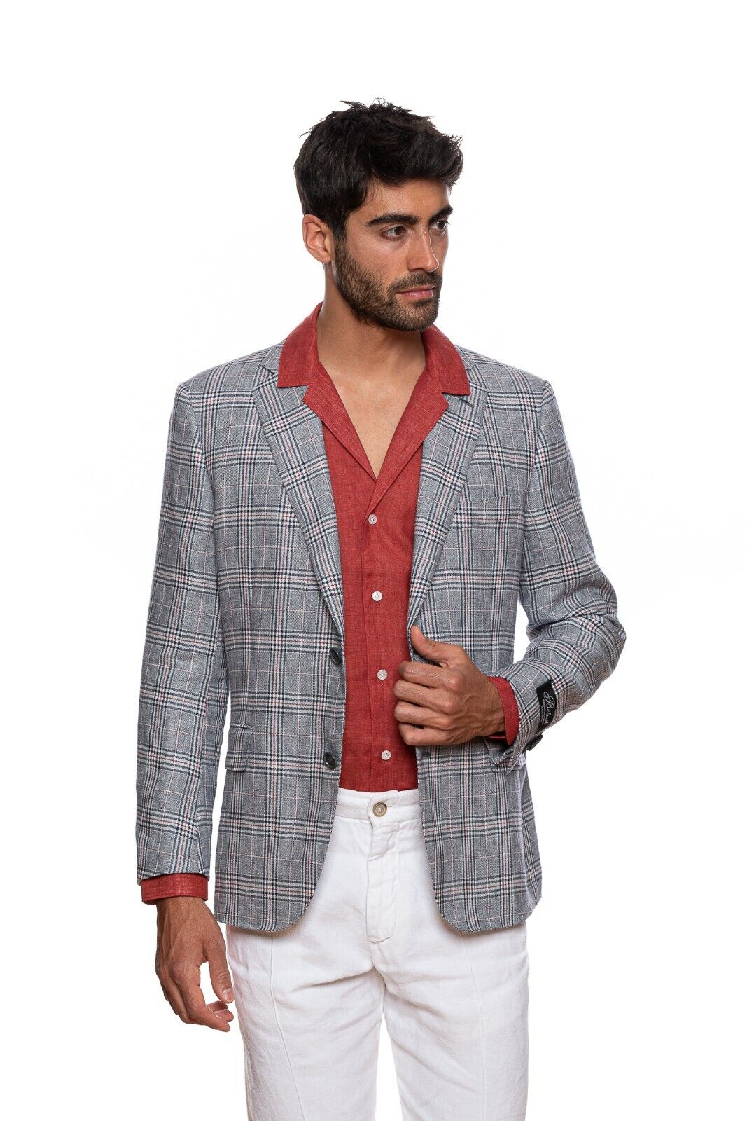 1950$ BELVEST Blue Gray Glen Plaid Pure Linen Jacket Blazer 44 US / 54 EU 4C