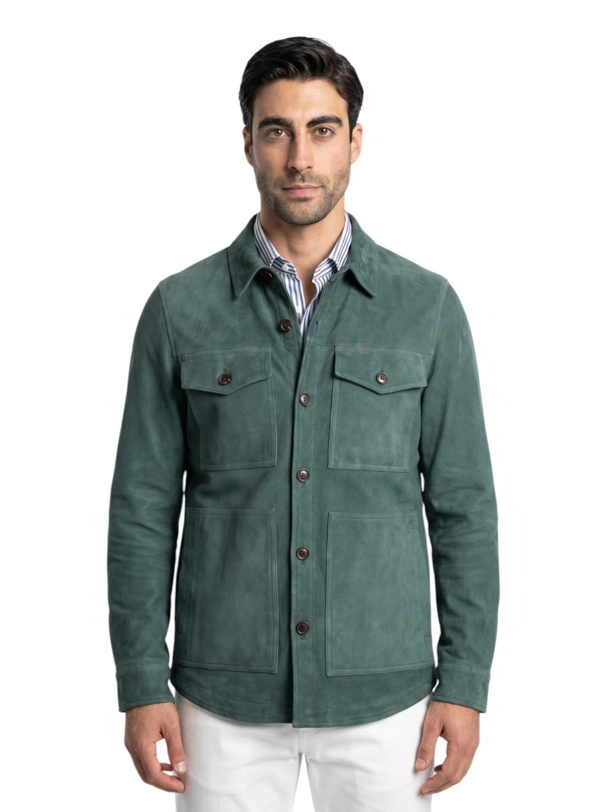 5500$ ISAIA Green Forest Overshirt Jacket Suede Lambskin Leather 38 US / 48 EU