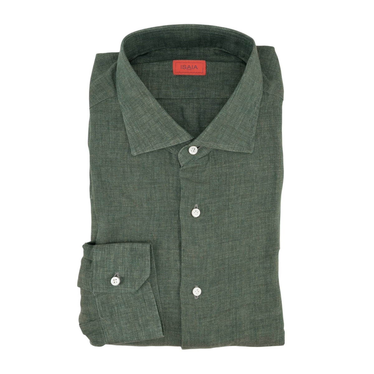 765$ ISAIA NAPOLI "Mix" Green Dress Shirt Hand-Sewn 100% Linen 17.5 - 44