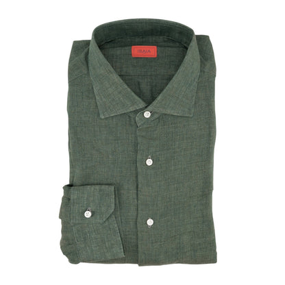 765$ ISAIA NAPOLI "Mix" Green Dress Shirt Hand-Sewn 100% Linen 17.5 - 44