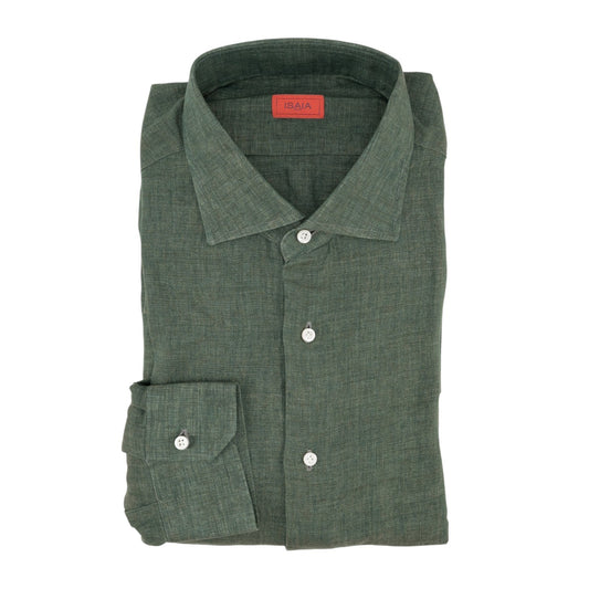 765$ ISAIA NAPOLI "Mix" Green Dress Shirt Hand-Sewn 100% Linen 17.5 - 44