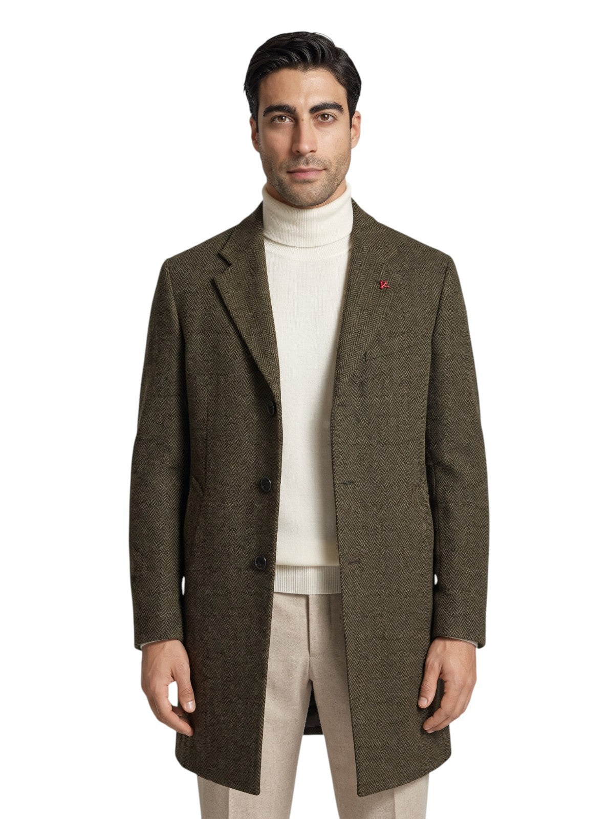 $7250 ISAIA Sartorial Overcoat Coat Herringbone Flannel Wool Olive Green - Brown