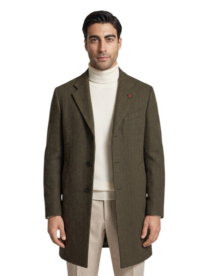 $7250 ISAIA Sartorial Overcoat Coat Herringbone Flannel Wool Olive Green - Brown