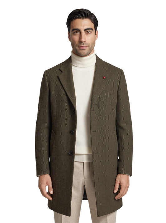 $7250 ISAIA Sartorial Overcoat Coat Herringbone Flannel Wool Olive Green - Brown