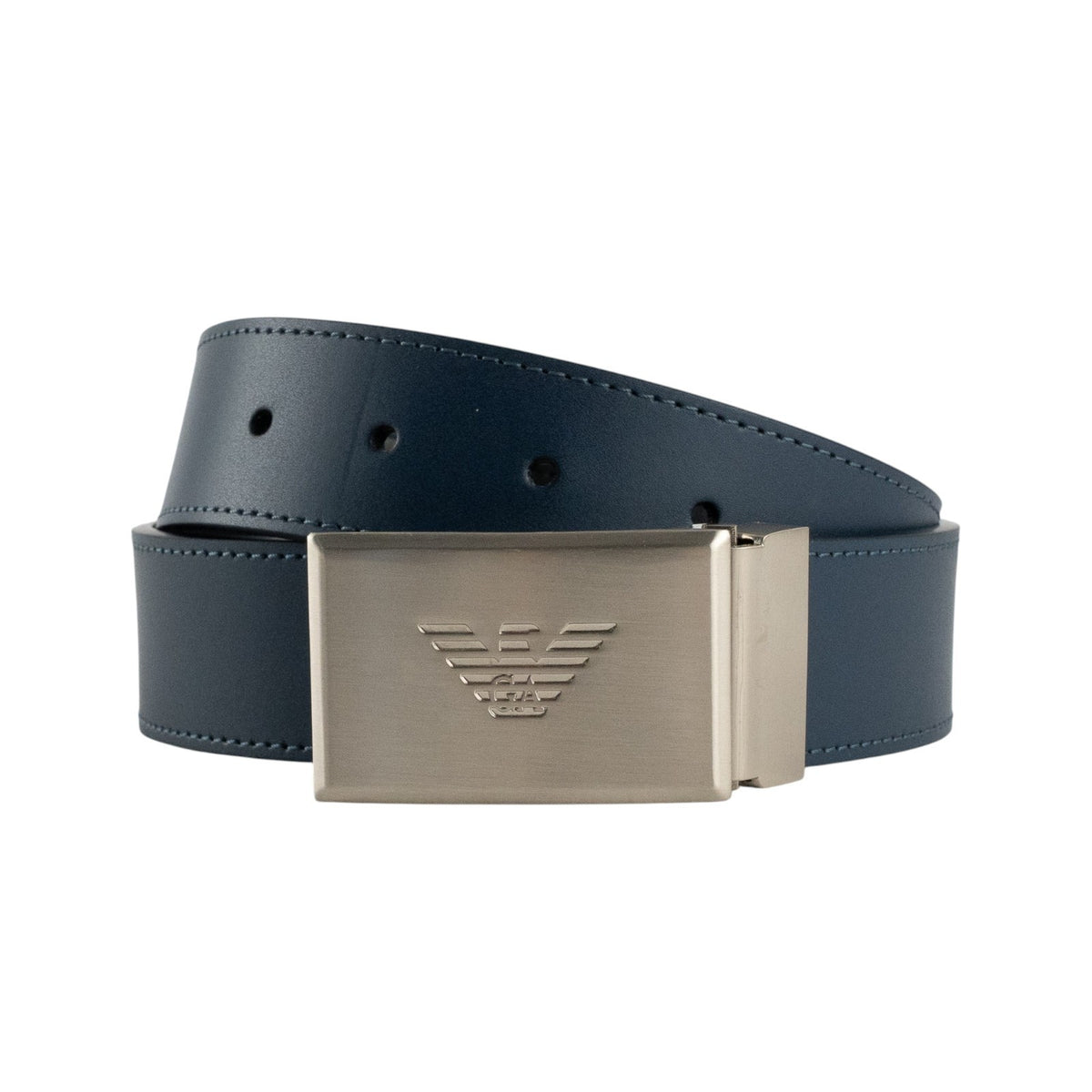 420$ GIORGIO ARMANI Belt Blue Black Leather Logo Plaque Buckle Reversible Sz 75