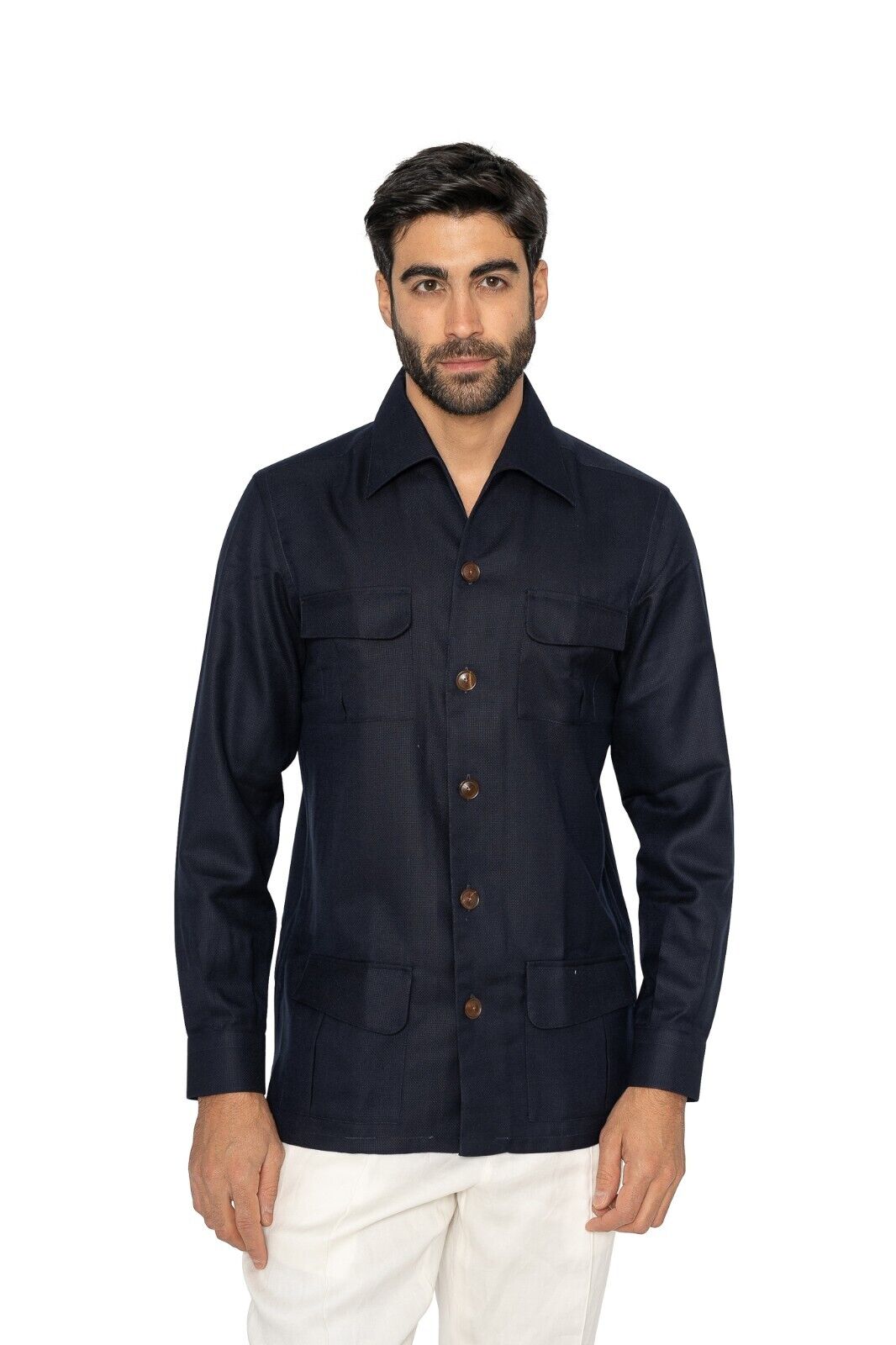 1400$ LUXURY MAROL BOLOGNA Blue Navy Safari Jacket Shirt 100% Wool 15.5 - 39