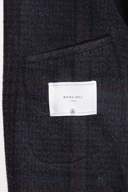 $1850 BOGLIOLI Dark Blue Long Coat Martingale Checks Flannel Wool 40 US / 50 EU