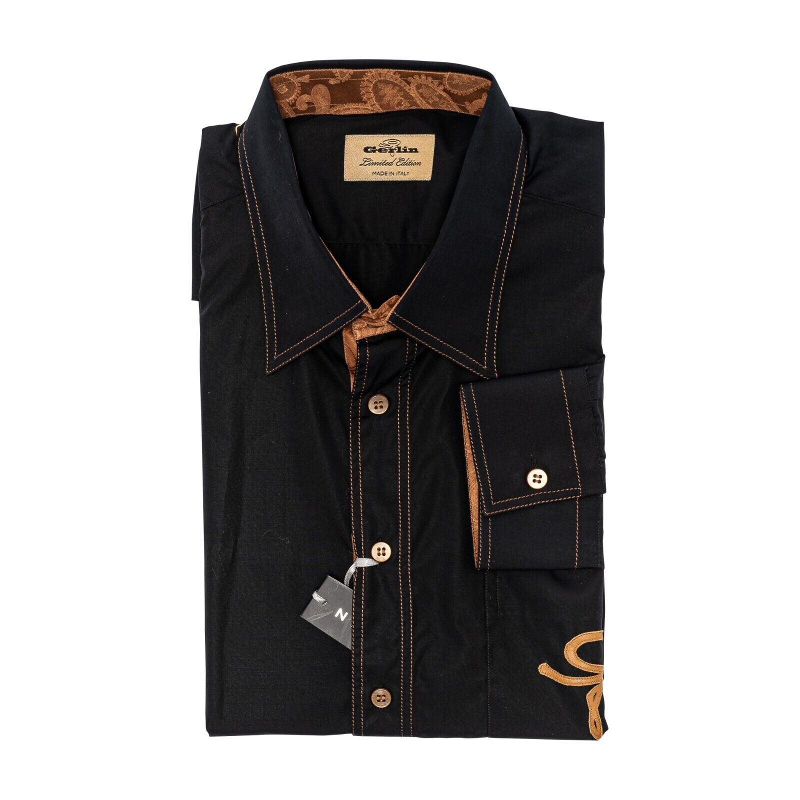1200$ LUXURY GERLIN Shirt Black Cotton  / Silk / Leather  16- 41  BIJAN