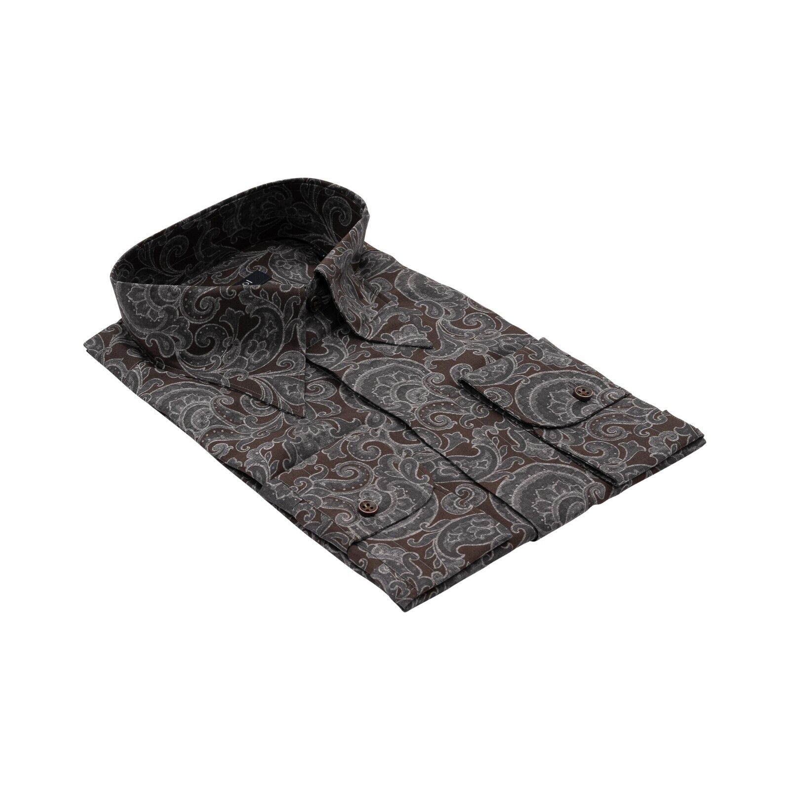 1400$ LUXURY MAROL BOLOGNA Damask Point Collar Shirt Gray / Brown 100% COMO SILK