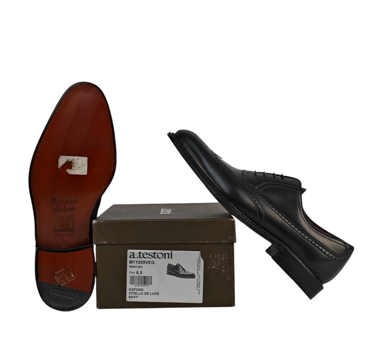 $1550 TESTONI Goodyear Bolognese Oxford Shoes Blue Midnight Calf De Luxe