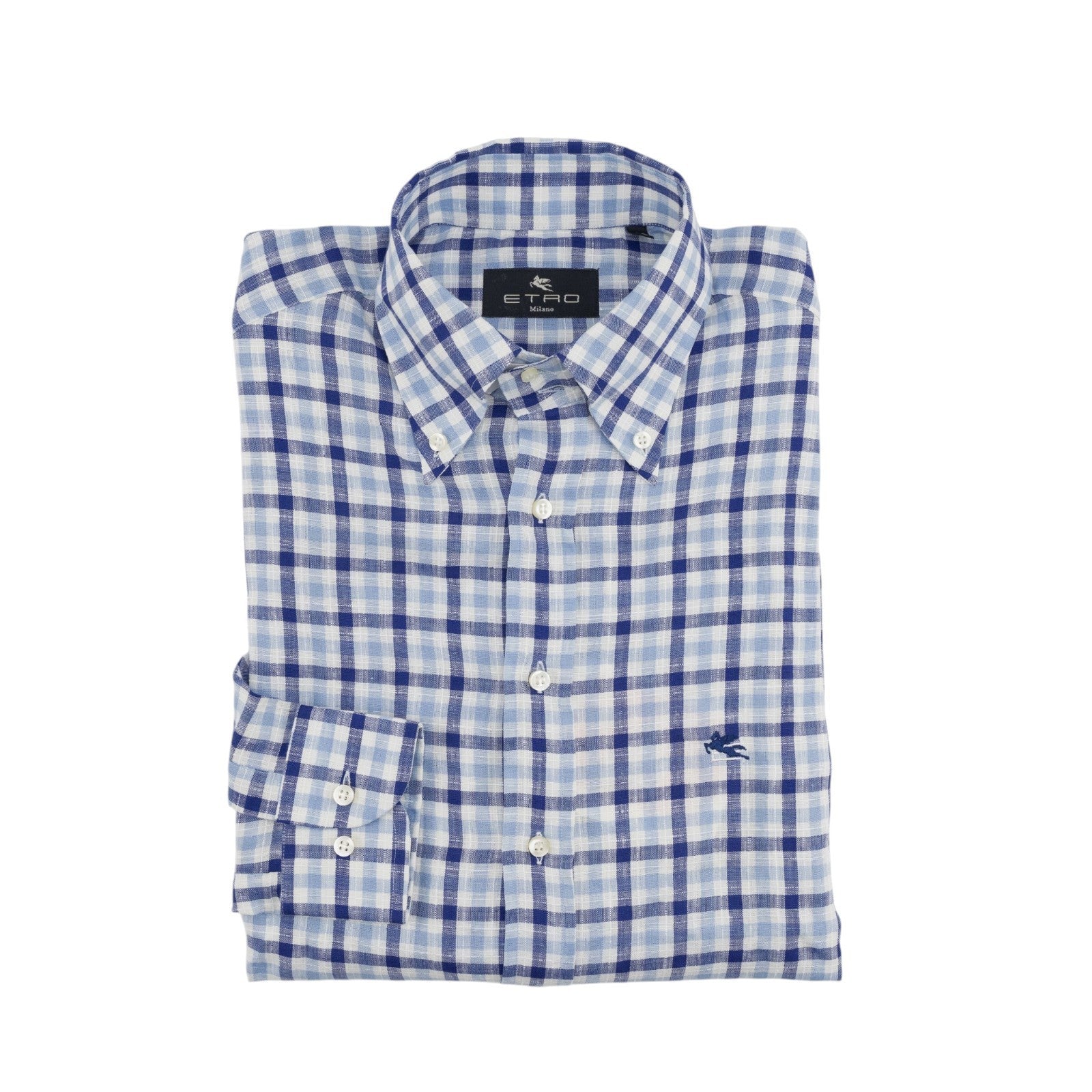 500$ ETRO MILANO Shirt Checks Blue Button Down 100% Linen Size 15.75 - 40