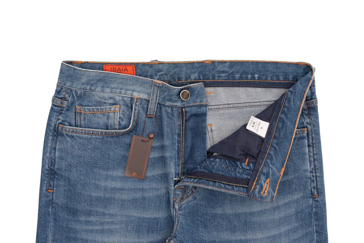 690$ ISAIA NAPOLI Blue Denim Slim Straight Jeans Trousers Pant Stretch Cotton