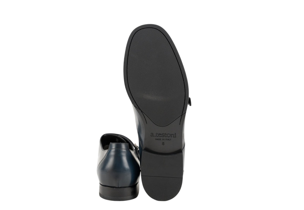 1250$ TESTONI Double Monk Shoes Grain Brushed Calf Blue Navy 8 UK / 9 US / 42 IT