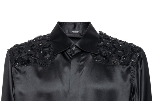 1600$ ITALO FERRETTI " FLOWER EMBROIDERED " Shirt Black 100% Silk 16 - 41 BIJAN