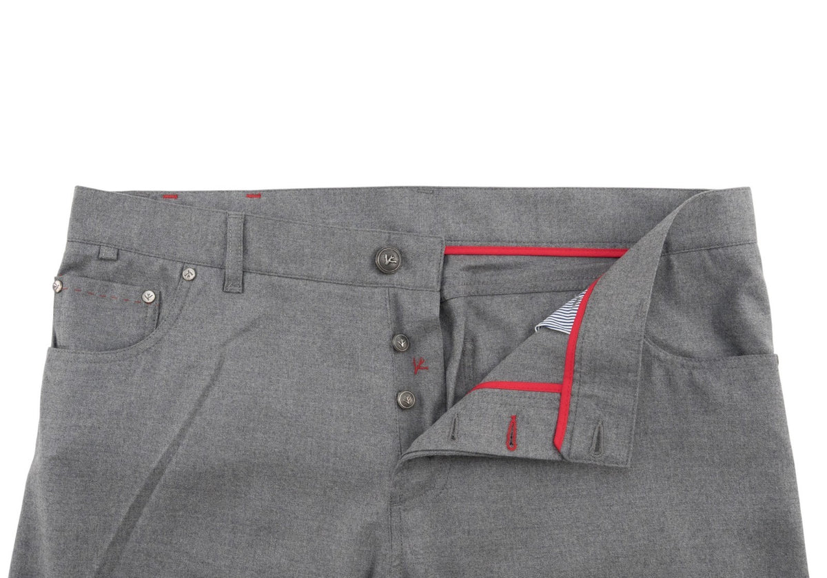 1100$ ISAIA NAPOLI Gray 5 Pocket Pant Wool + Leather Tag Slim Fit 38 US / 54 EU