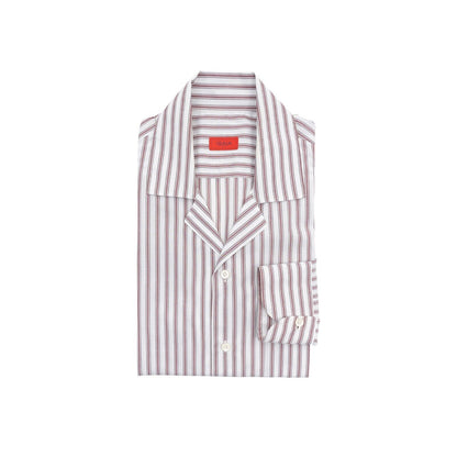 850$ ISAIA NAPOLI White / Wine Striped Shirt Camp Collar Fine Cotton 15.5 - 39