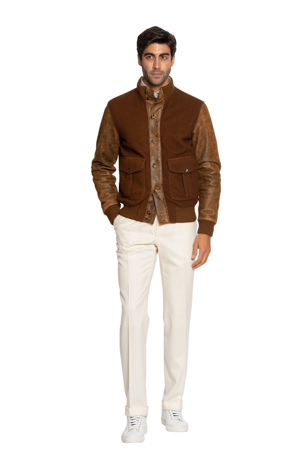 $2200 BOGLIOLI MILANO Bomber Coat Jacket Brown Wool + Aged Leather 40 US / 50 EU