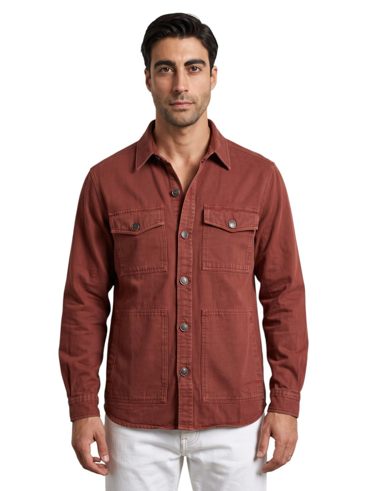 $1350 ISAIA NAPOLI Red Hand-Sewn Overshirt Jacket Cotton Size L - Made in Italy