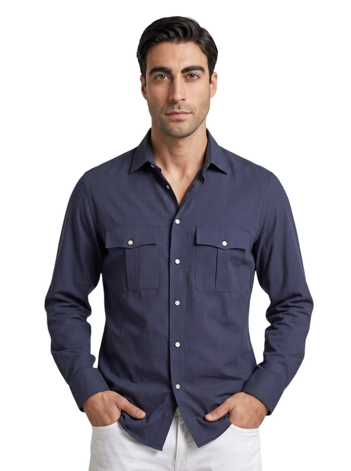 850$ ISAIA "Western" Casual Shirt Pockets Blue Hounstooth Fine Cotton 16.5 - 42