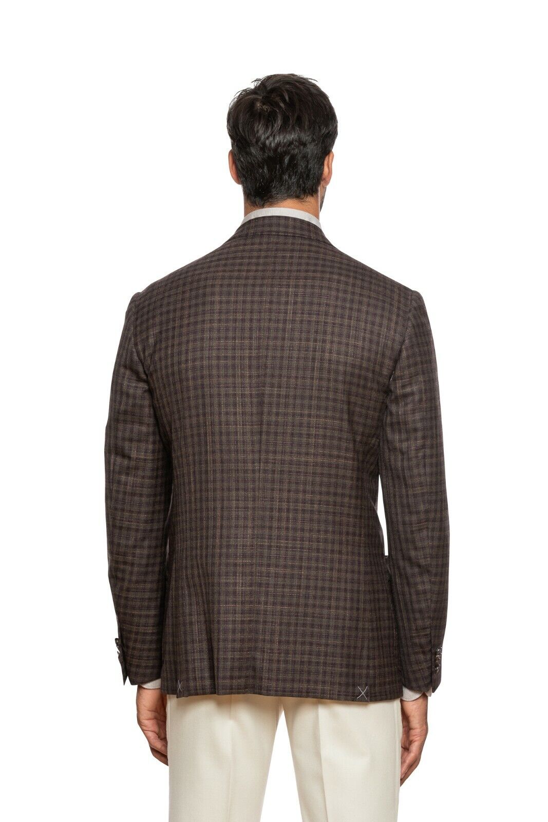 1250$ CORNELIANI Jacket Blazer Brown Checks Wool Silk + Leather 40 US / 50 EU