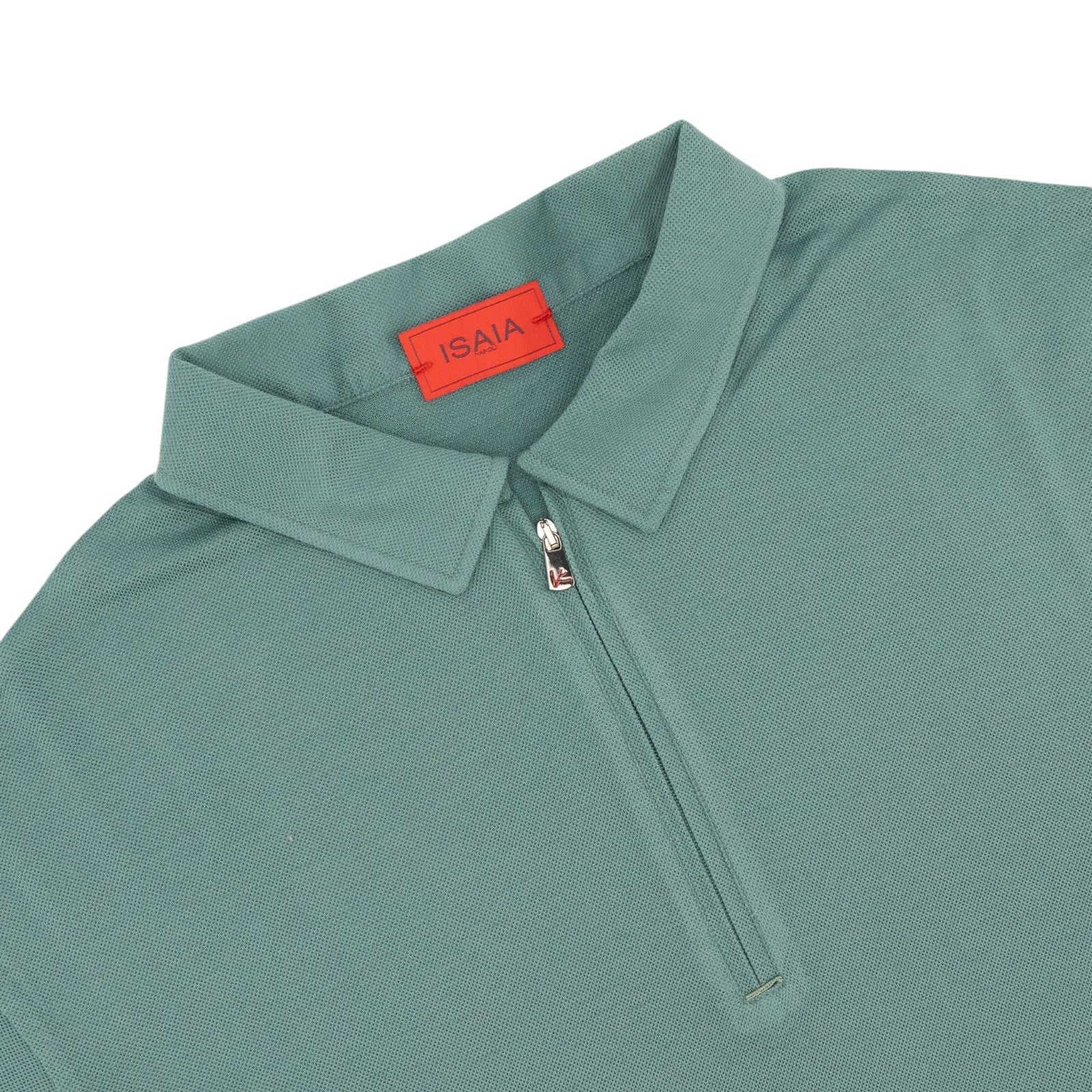 1100$ ISAIA NAPOLI Aquamarine Polo Zip Short Sleeve Knit Wool Size XL