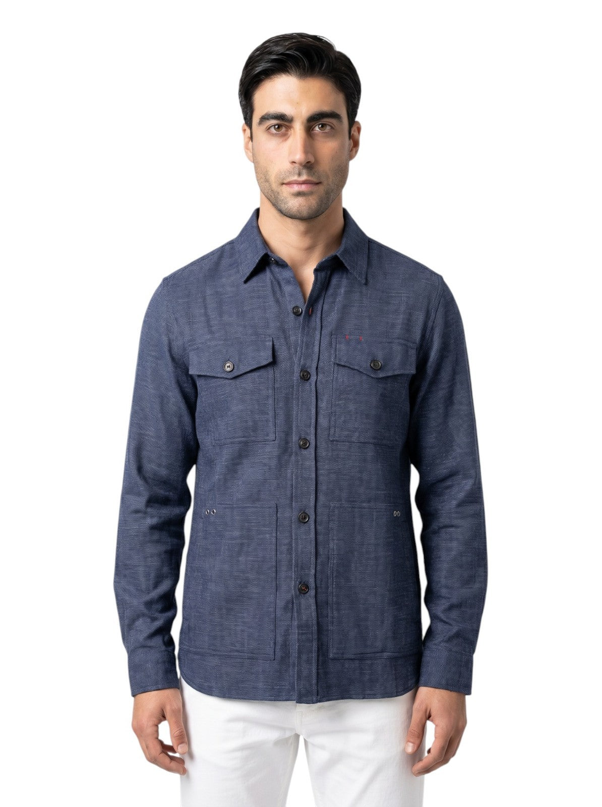 $1650 ISAIA "Comfort Project" Blue Hand-Sewn Overshirt Jacket Wool Silk Size L
