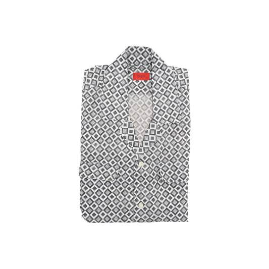 850$ ISAIA NAPOLI Gray Geometric Shirt Camp Collar Fine Cotton 15.5 - 39