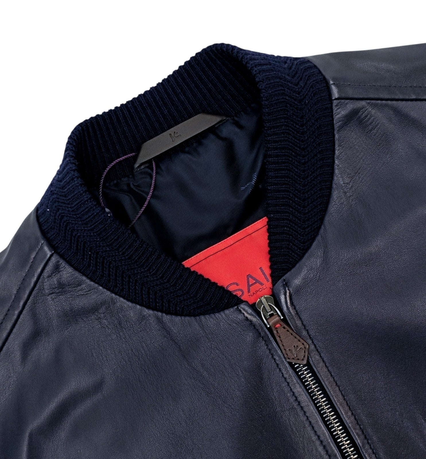 $6250 ISAIA NAPOLI Blue Zip Varsity Jacket Soft Lambskin Leather 38 US / 48 EU