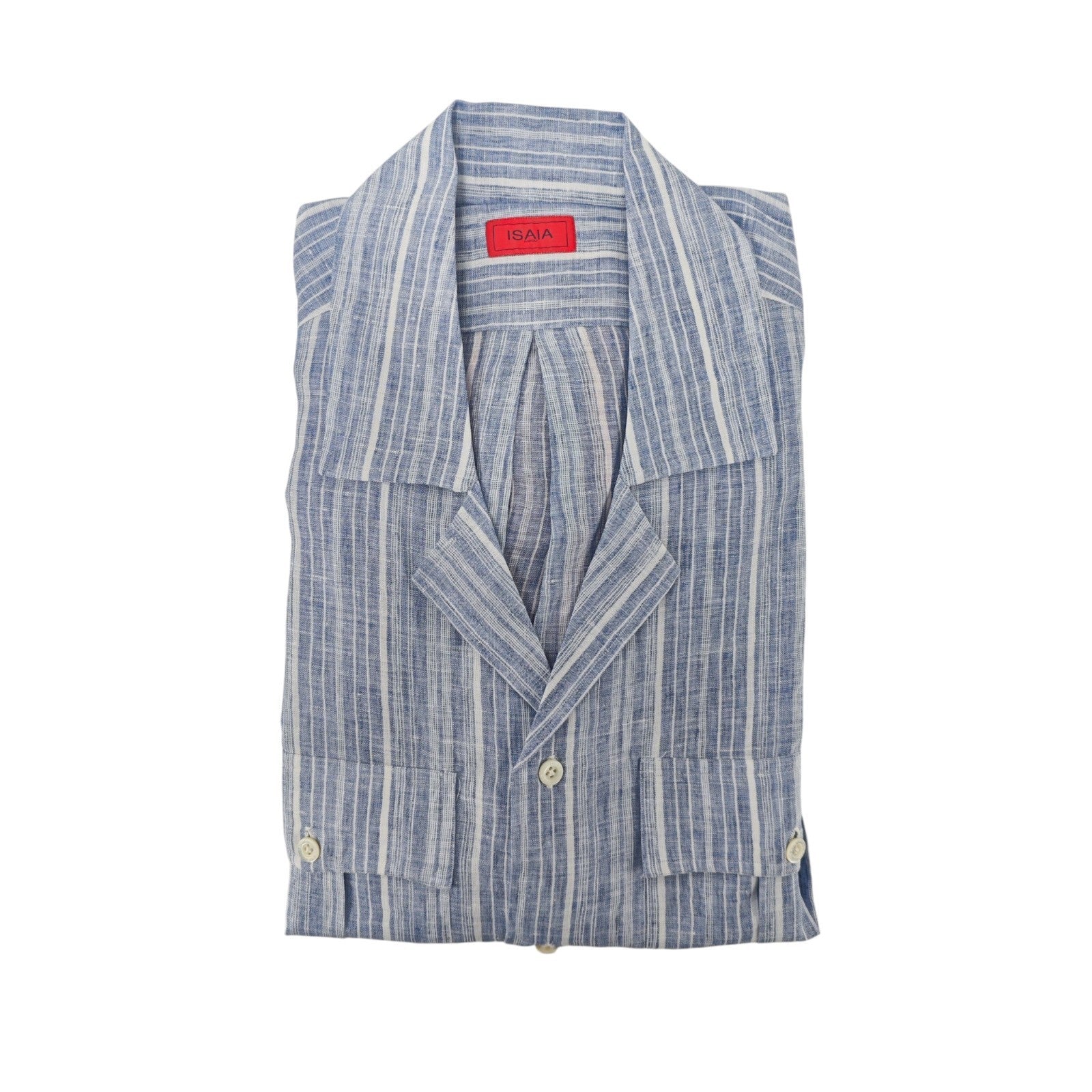 790$ ISAIA NAPOLI Blue Casual Shirt Camp Collar Short Sleeve 100% Linen 16 - 41