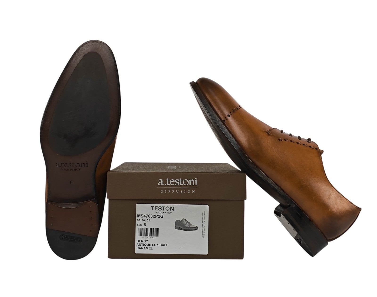 1050$ TESTONI 1929 Derby Shoes Antique Lux Calf Caramel 8 UK / 9 US / 42 IT