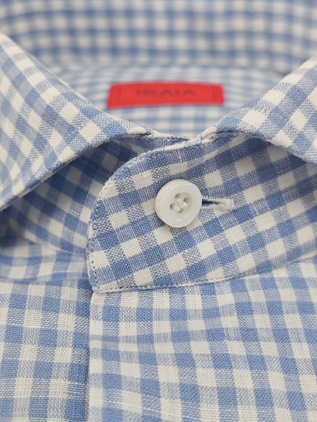 765$ ISAIA NAPOLI "Mix" Blue Dress Shirt Checks Hand-Sewn 100% Linen 15.5 - 39