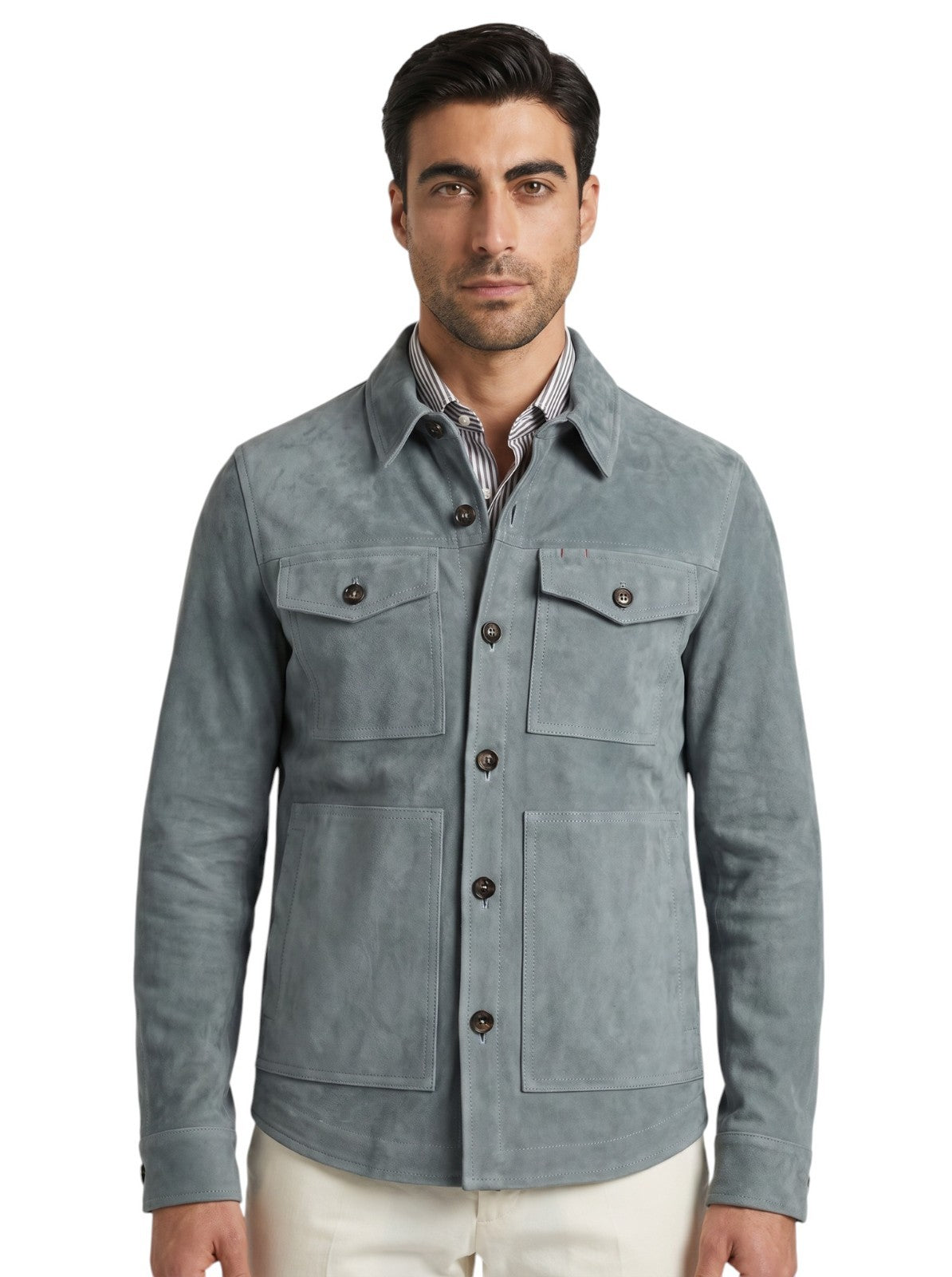 5500$ ISAIA Blue off Overshirt Jacket 100% Suede Lambskin Leather 38 US / 48 EU