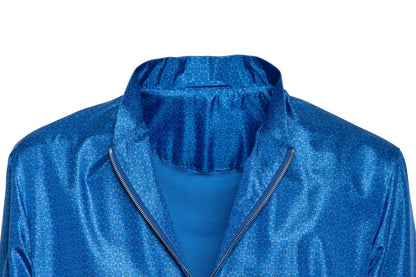 2000$ ITALO FERRETTI Bomber Jacket Blue "Geometric" 100% Silk 42 US  52 EU BIJAN