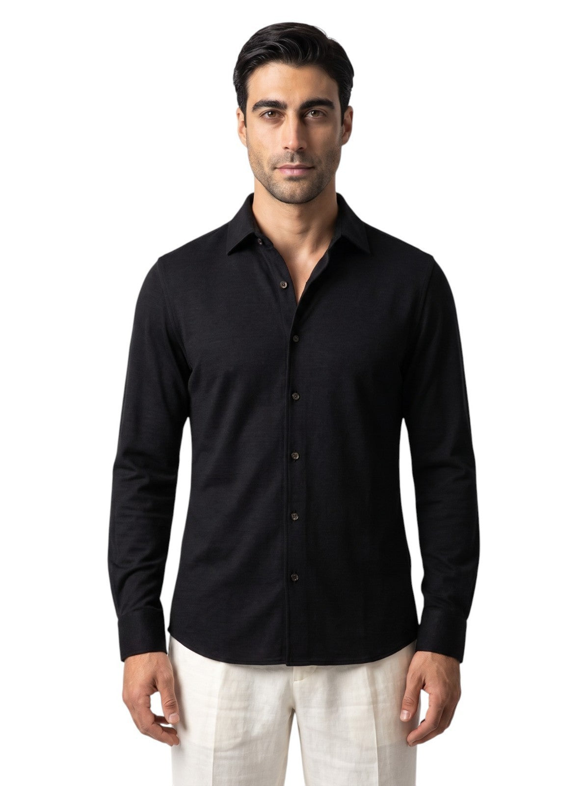 1450$ ISAIA NAPOLI Black Hand-Sewn Sartorial Shirt Long Sleeve Soft Wool