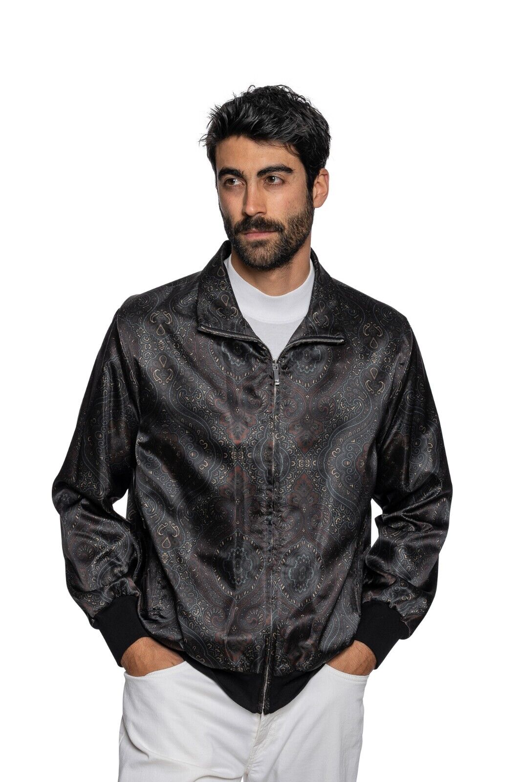 2000$ ITALO FERRETTI Bomber Jacket "DAMASK" 100% Silk 42 US / 52 EU ZILLI