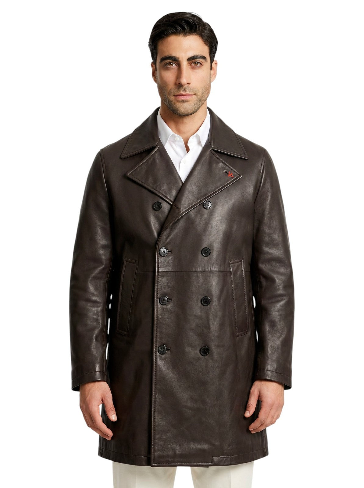 $7450 ISAIA Dark Brown Double Breasted Coat Lambskin Leather 44 US / 54 EU