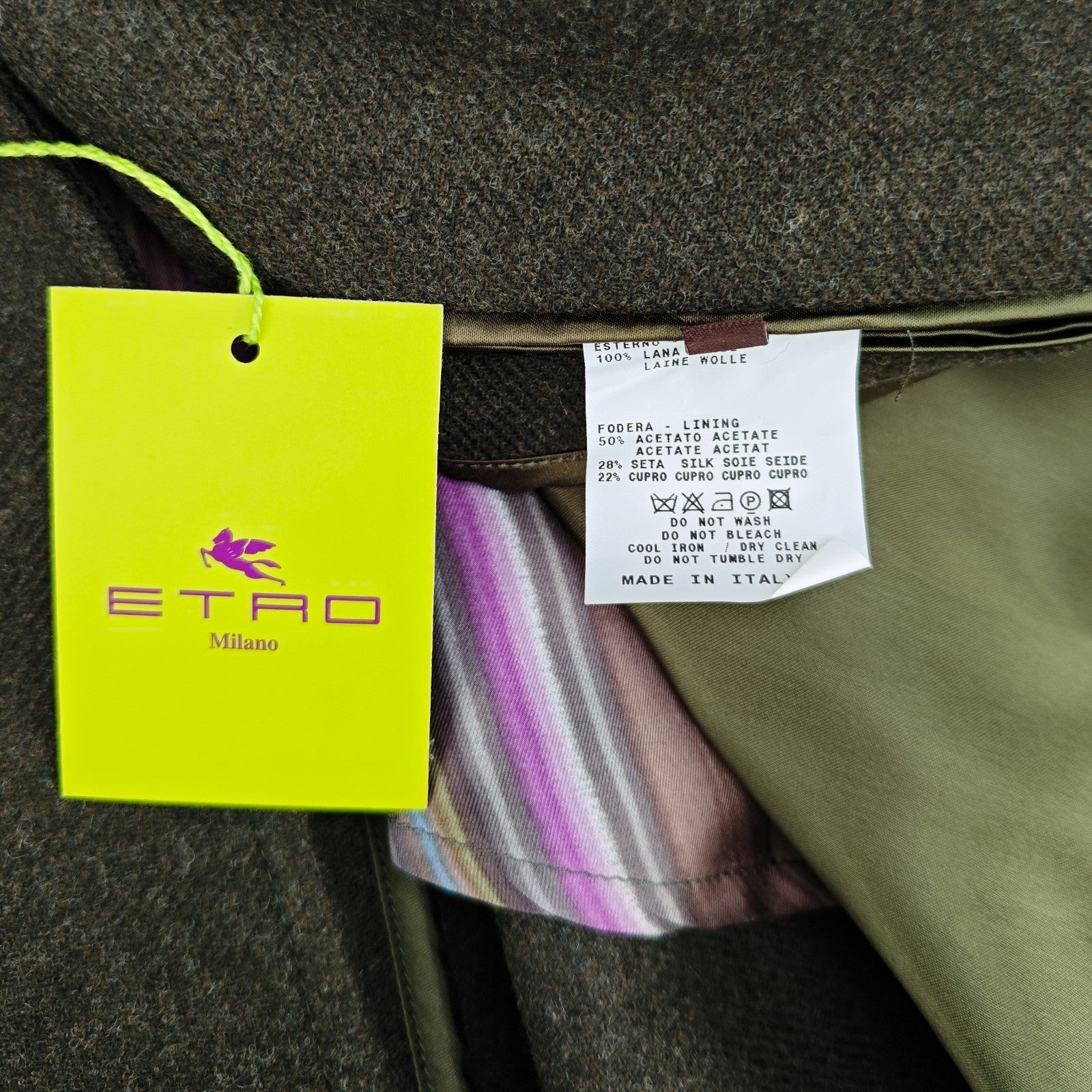 ETRO MILANO Green Wool Overcoat Long Single Breasted Made Italy 42 US / 52 IT