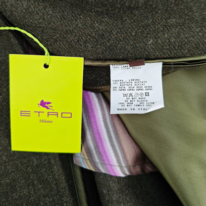 ETRO MILANO Green Wool Overcoat Long Single Breasted Made Italy 42 US / 52 IT