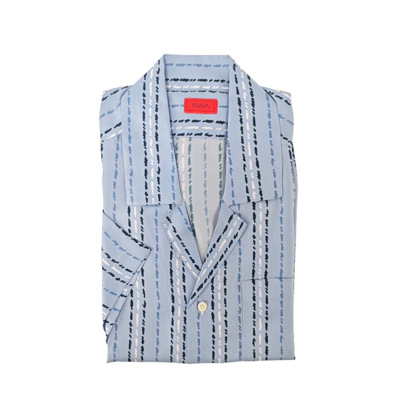 1385$ ISAIA NAPOLI Blue Camp Collar Shirt Short Sleeve 100% Silk - Relaxed Fit