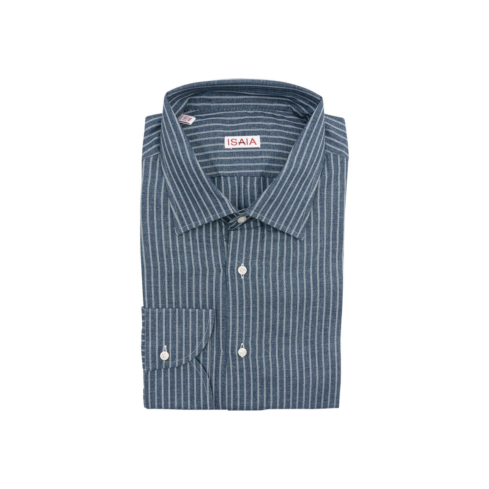 690$ ISAIA NAPOLI Blue Striped Hand-Sewn Sartorial Dress Shirt Cotton 18.5 - 46