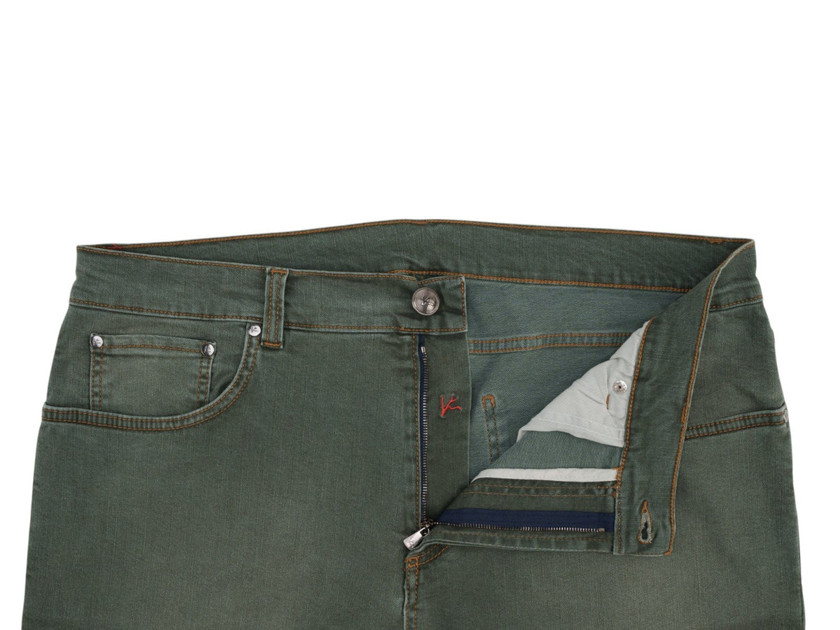 690$ ISAIA NAPOLI Washed Green Denim Jeans 5 Pockets Cotton Slim 40 US / 56 IT