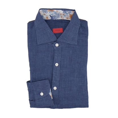 765$ ISAIA NAPOLI "Mix" Blue Dress Shirt Hand-Sewn 100% Linen 15.75 - 40