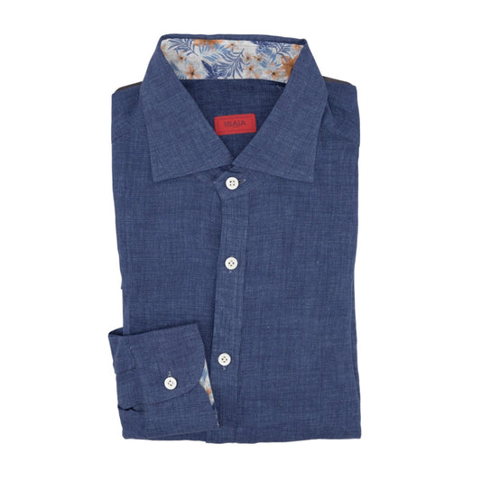 765$ ISAIA NAPOLI "Mix" Blue Dress Shirt Hand-Sewn 100% Linen 15.75 - 40