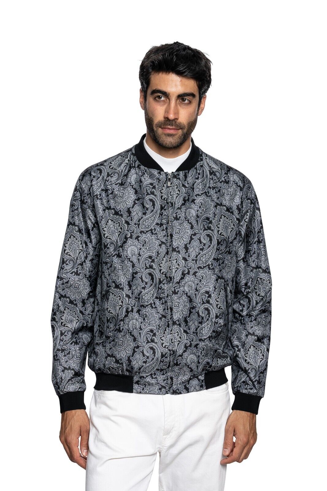 2000$ ITALO FERRETTI Bomber Jacket Gray "DAMASK" 100% Silk  42 US / 52 EU BIJAN