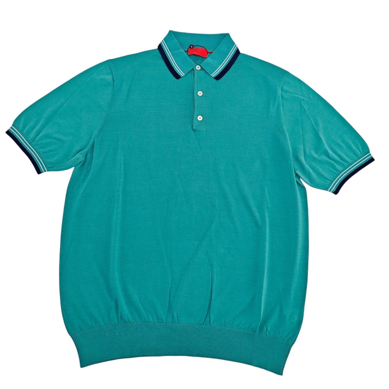 1150$ ISAIA NAPOLI Turquoise Polo Sweater Short Sleeve Knit Cotton Size XXL