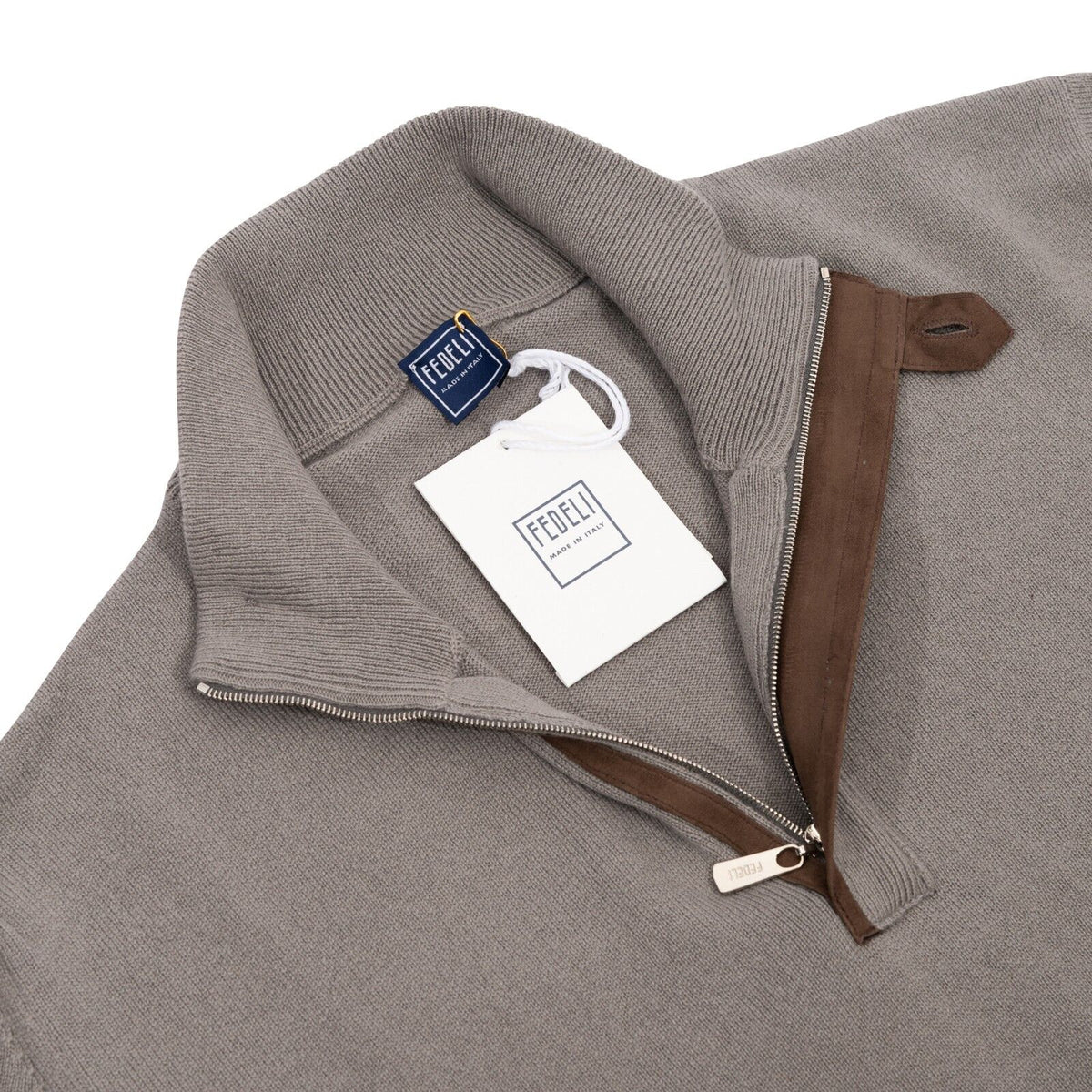 $1400 FEDELI CASHMERE Gray Sweater Half Zip 100% Cashmere / Lambskin 40 US 50 EU